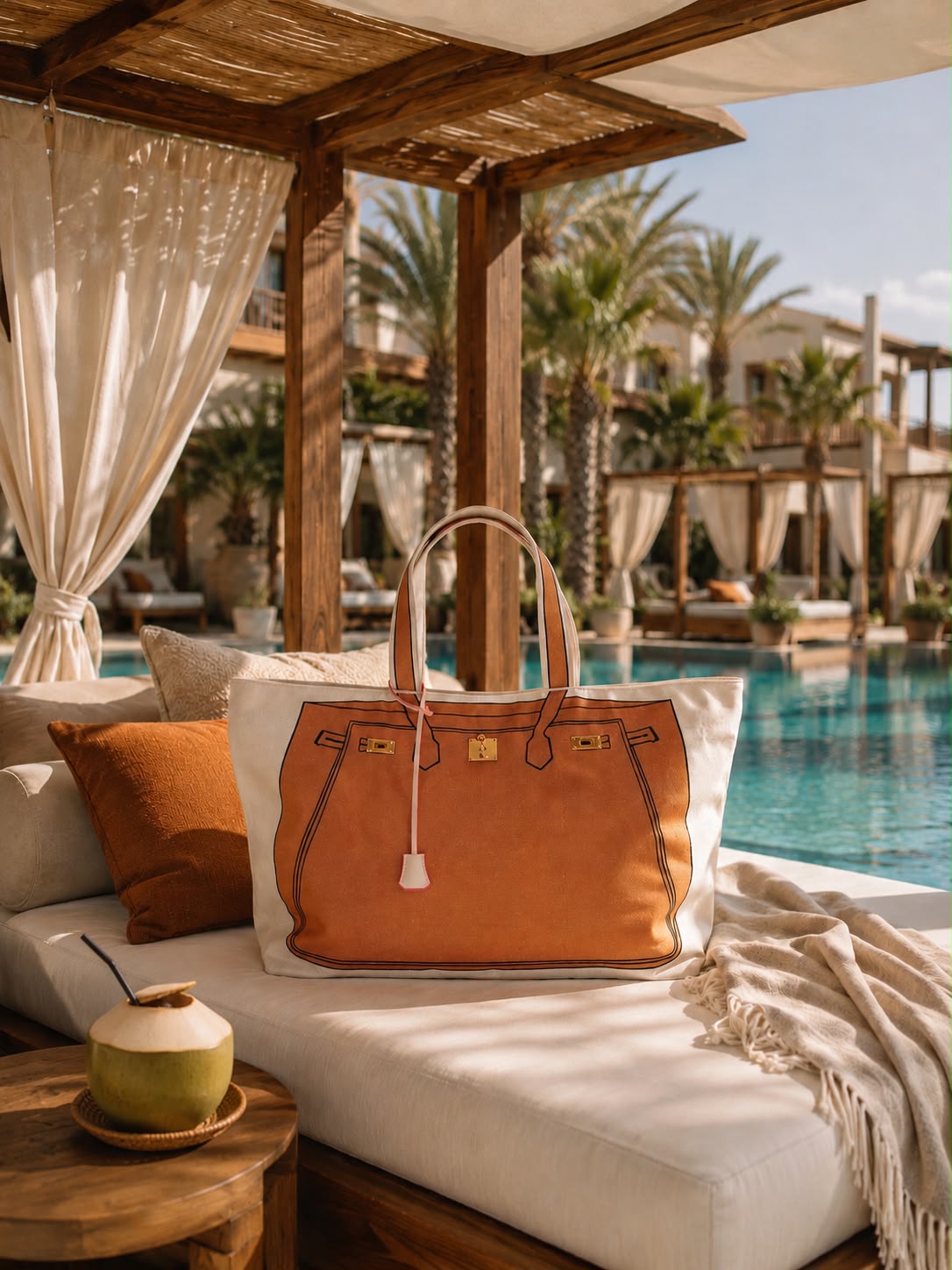Bemoua Ibiza Canvas Shopper in Cappuccino - Lifestyle-Aufnahme am Pool