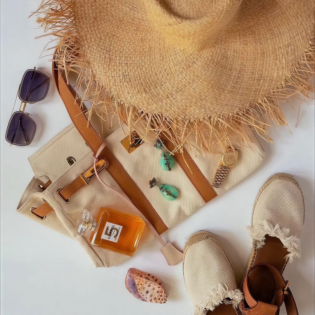 Bemoua Paris Canvas Handtasche - sommerliches Lifetyle-Arrangement mit Hut, Schuhen und Accessoires
